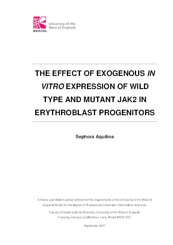 The effect of exogenous in vitro expression of wild type and mutant JAK2 in erythroblast progenitors Thumbnail
