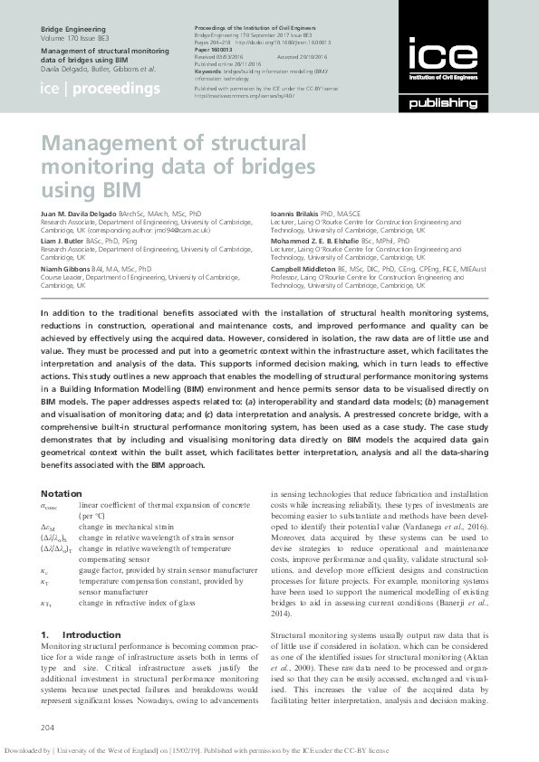 Management of structural monitoring data of bridges using BIM Thumbnail