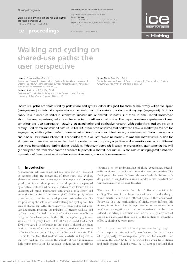 Walking and cycling on shared-use paths: The user perspective Thumbnail