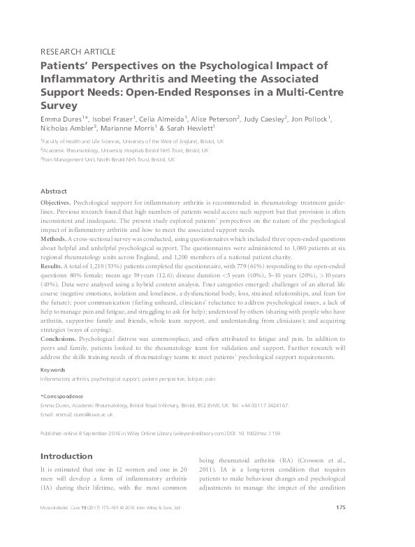 Patients’ Perspectives on the Psychological Impact of Inflammatory Arthritis and Meeting the Associated Support Needs: Open-Ended Responses in a Multi-Centre Survey Thumbnail