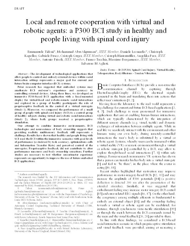 Local and Remote Cooperation with Virtual and Robotic Agents: A P300 BCI Study in Healthy and People Living with Spinal Cord Injury Thumbnail