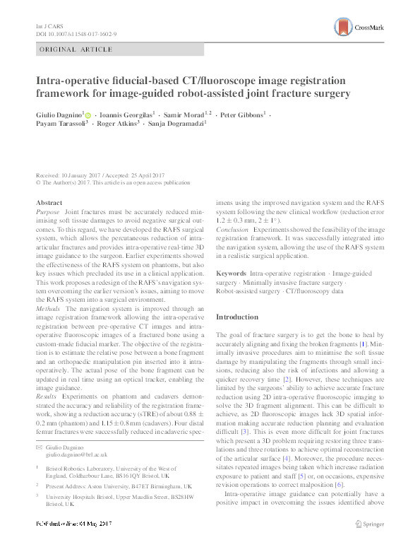 Intra-operative fiducial-based CT/fluoroscope image registration framework for image-guided robot-assisted joint fracture surgery Thumbnail