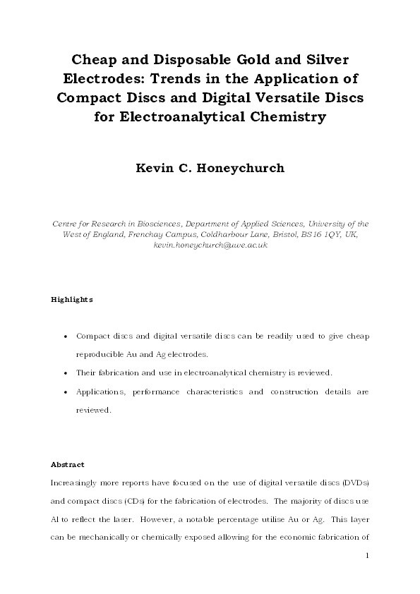 Cheap and disposable gold and silver electrodes: Trends in the application of compact discs and digital versatile discs for electroanalytical chemistry Thumbnail