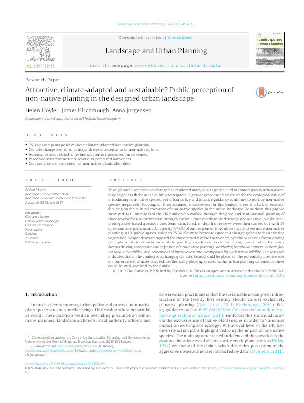 Attractive, climate-adapted and sustainable? Public perception of non-native planting in the designed urban landscape Thumbnail