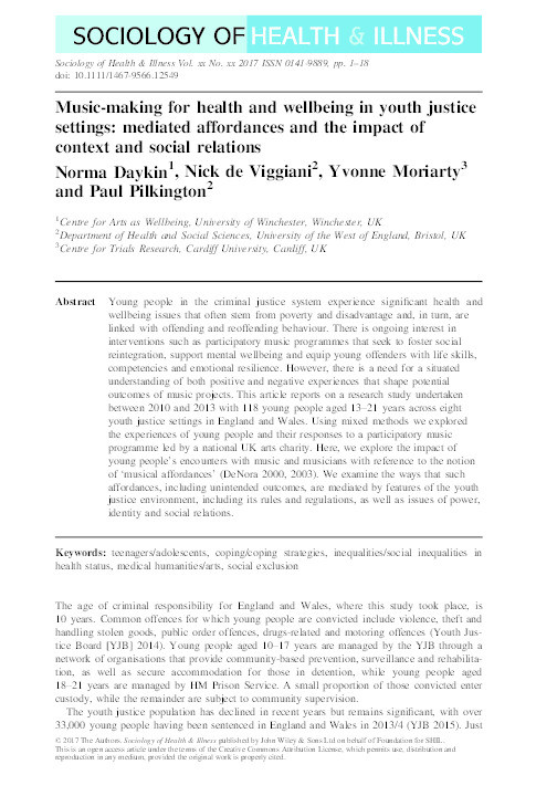 Music-making for health and wellbeing in youth justice settings: mediated affordances and the impact of context and social relations Thumbnail