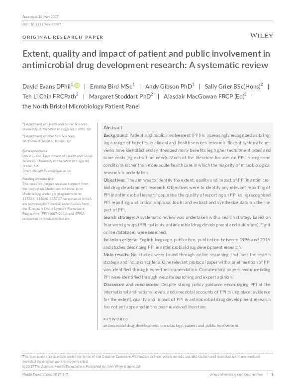 Extent, quality and impact of patient and public involvement in antimicrobial drug development research: A systematic review Thumbnail