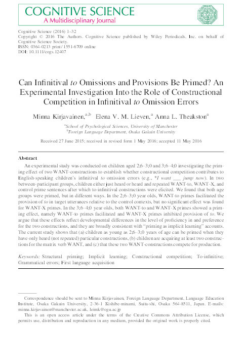 Can Infinitival to Omissions and Provisions Be Primed? An Experimental Investigation Into the Role of Constructional Competition in Infinitival to Omission Errors Thumbnail