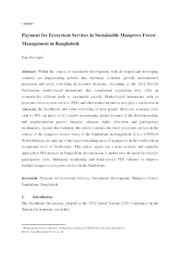 Payments for Ecosystem Services in Sustainable Mangrove Forest Management in Bangladesh Thumbnail