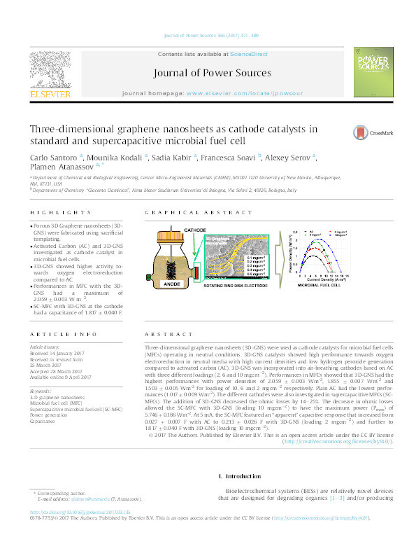 Three-dimensional graphene nanosheets as cathode catalysts in standard and supercapacitive microbial fuel cell Thumbnail