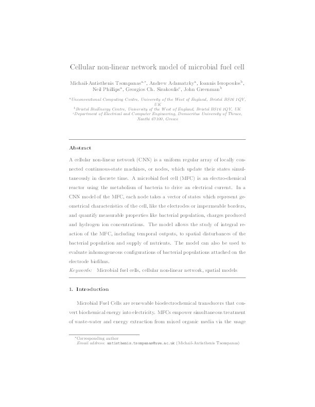 Cellular non-linear network model of microbial fuel cell Thumbnail