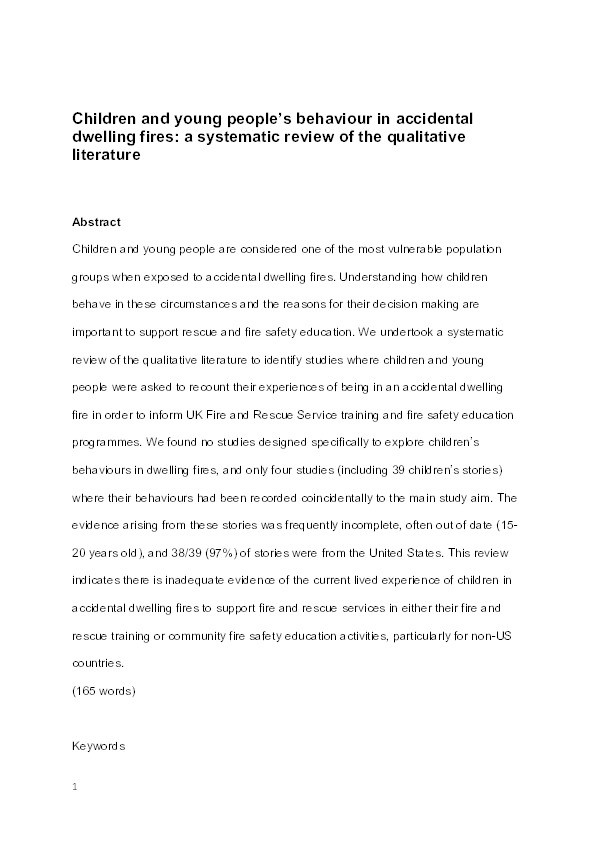 Children and young people's behaviour in accidental dwelling fires: A systematic review of the qualitative literature Thumbnail