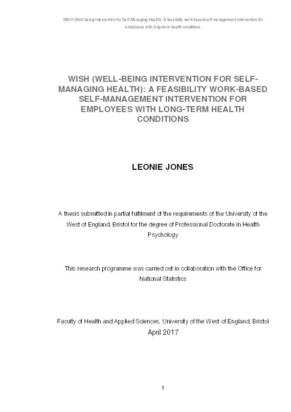 WISH (Well-being Intervention for Self-managing Health): A feasibility work-based self-management intervention for employees with long-term health conditions Thumbnail