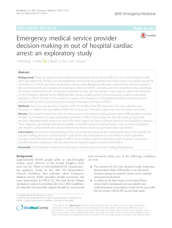 Emergency medical service provider decision-making in out of hospital cardiac arrest: An exploratory study Thumbnail