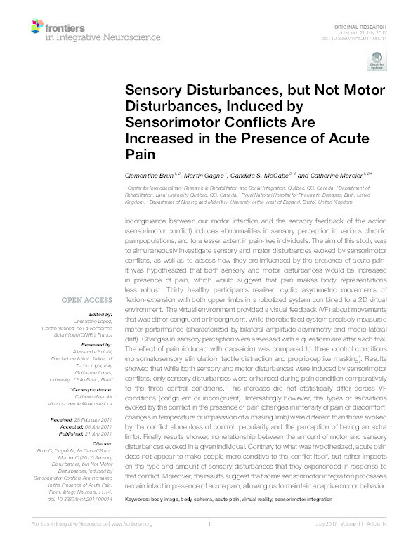 Sensory disturbances, but not motor disturbances, induced by sensorimotor conflicts are increased in the presence of acute pain Thumbnail