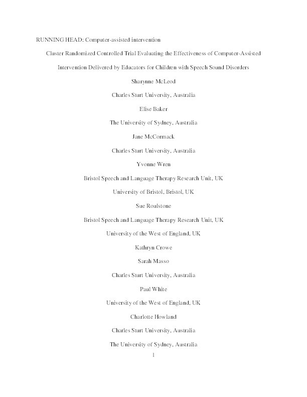 Cluster-randomized controlled trial evaluating the effectiveness of computer-assisted intervention delivered by educators for children with speech sound disorders Thumbnail