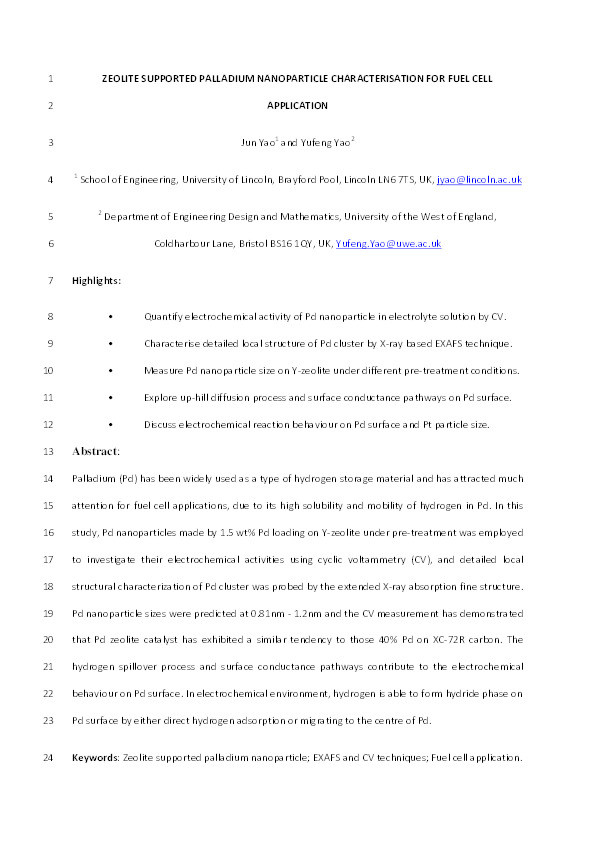 Zeolite supported palladium nanoparticle characterization for fuel cell application Thumbnail