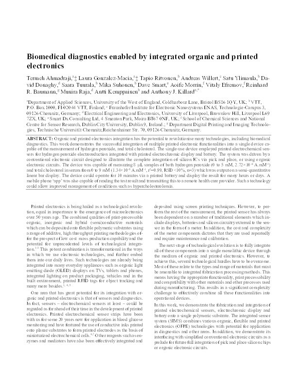 Biomedical Diagnostics Enabled by Integrated Organic and Printed Electronics Thumbnail