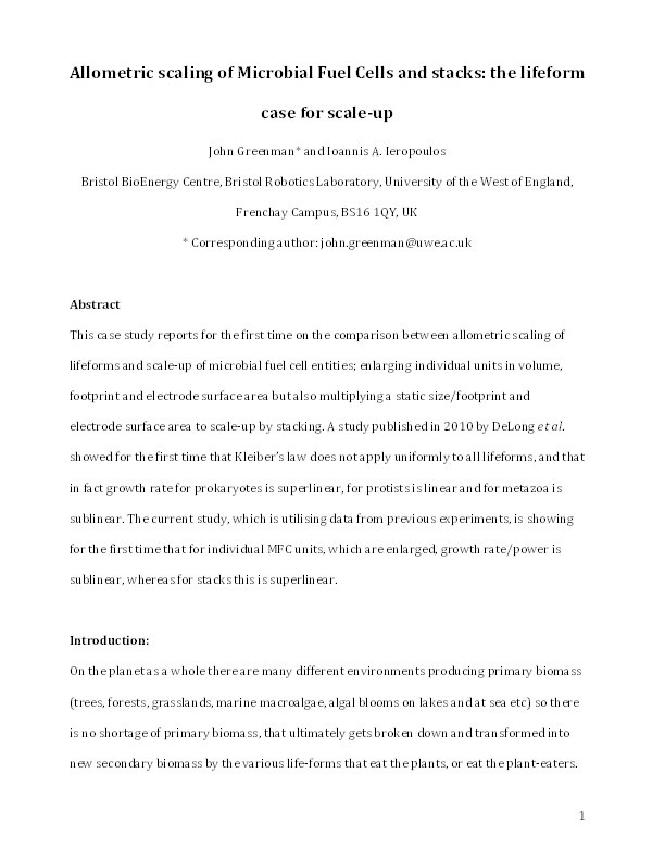 Allometric scaling of microbial fuel cells and stacks: The lifeform case for scale-up Thumbnail