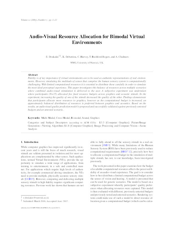 Audiovisual resource allocation for bimodal virtual environments Thumbnail