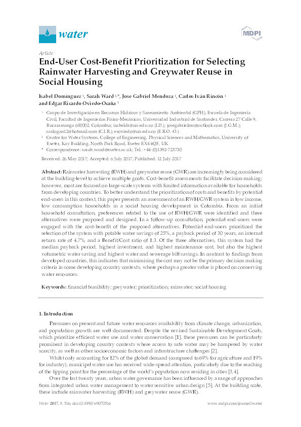 End-user cost-benefit prioritization for selecting rainwater harvesting and greywater reuse in social housing Thumbnail
