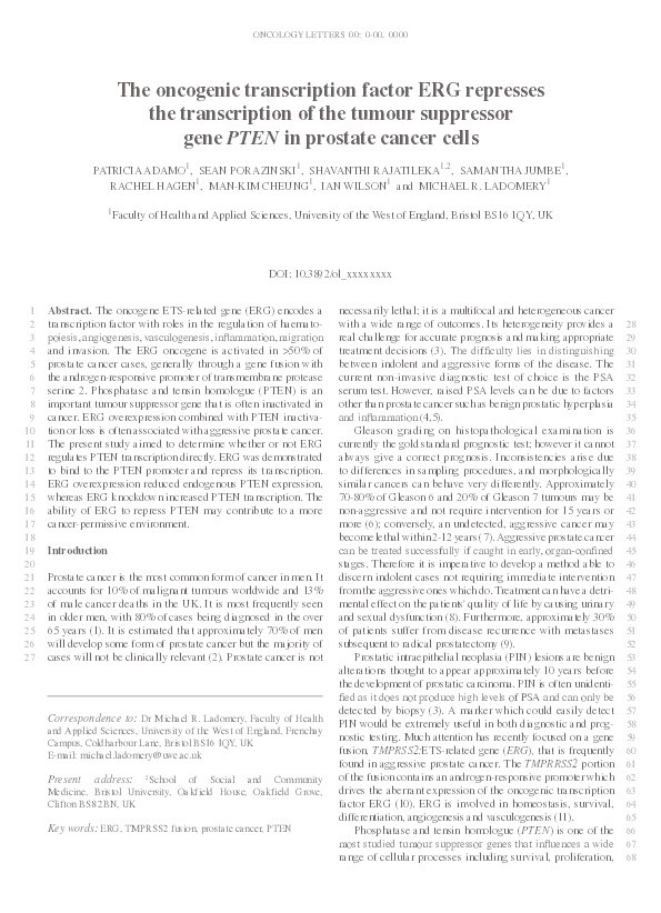 The oncogenic transcription factor ERG represses the transcription of the tumour suppressor gene PTEN in prostate cancer cells Thumbnail