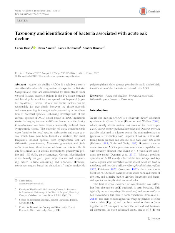 Taxonomy and identification of bacteria associated with acute oak decline Thumbnail