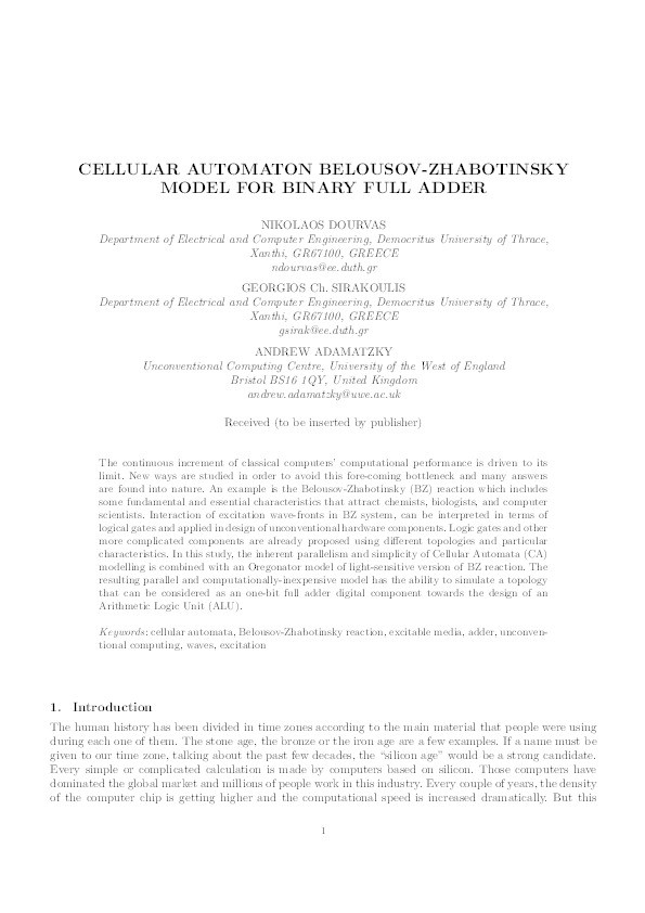 Cellular Automaton Belousov-Zhabotinsky Model for Binary Full Adder Thumbnail