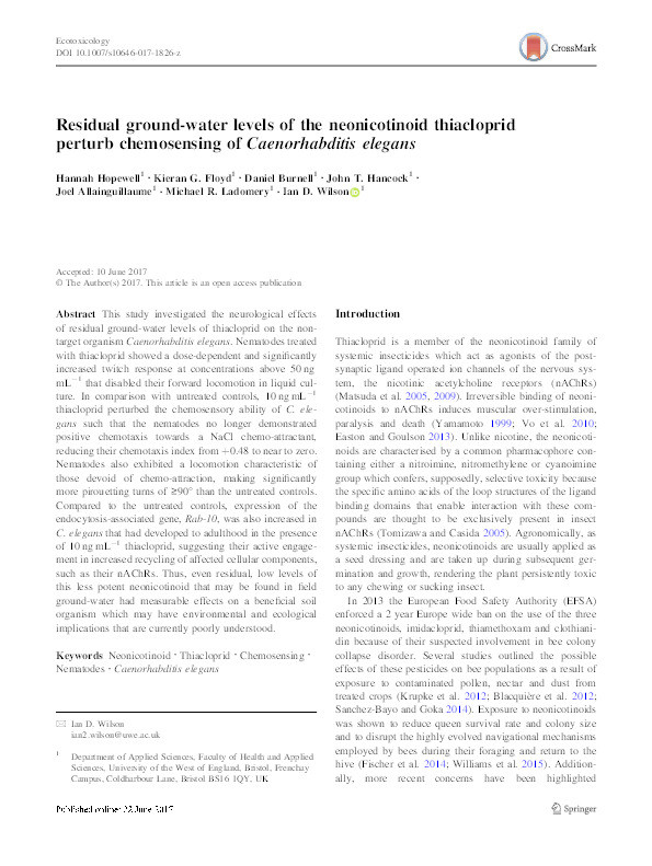 Residual ground-water levels of the neonicotinoid thiacloprid perturb chemosensing of Caenorhabditis elegans Thumbnail