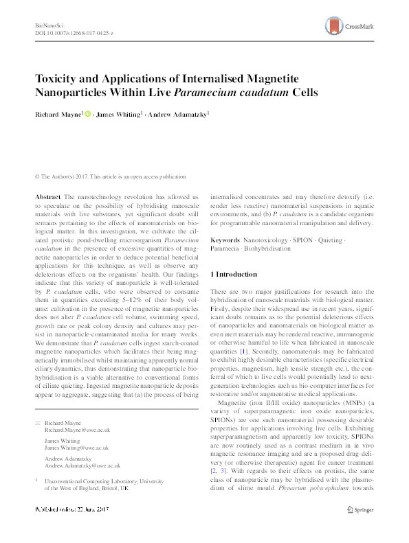 Toxicity and Applications of Internalised Magnetite Nanoparticles Within Live Paramecium caudatum Cells Thumbnail