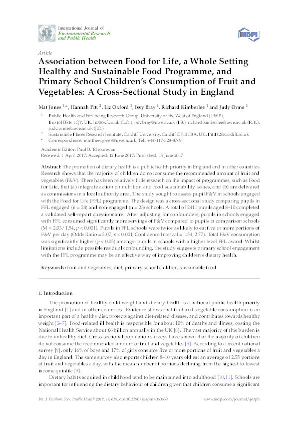 Association between food for life, a whole setting healthy and sustainable food programme, and primary school children’s consumption of fruit and vegetables: A Cross-Sectional study in England Thumbnail