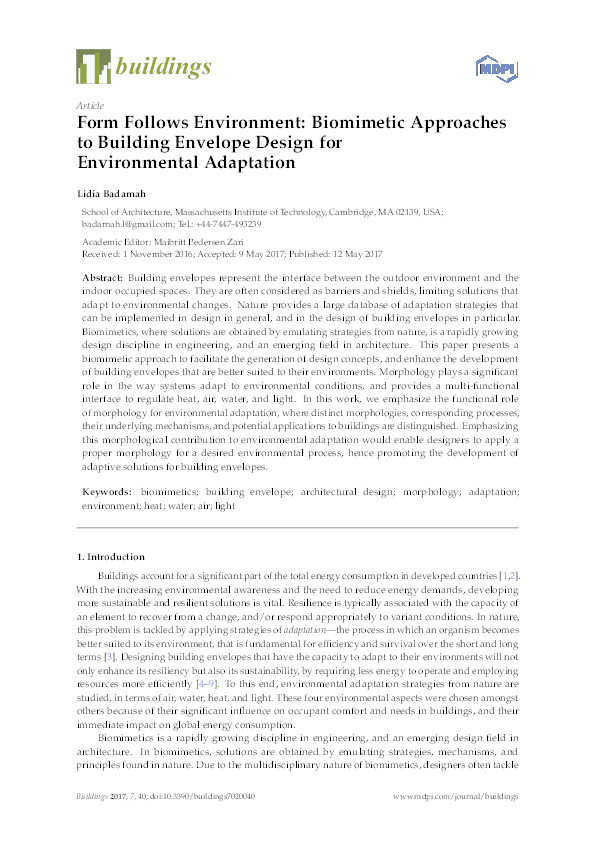 Form follows environment: Biomimetic approaches to building envelope design for environmental adaptation Thumbnail
