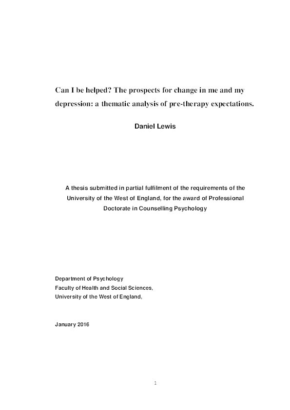 Can I be helped? The prospects for change in me and my depression: A thematic analysis of pre-therapy expectations Thumbnail