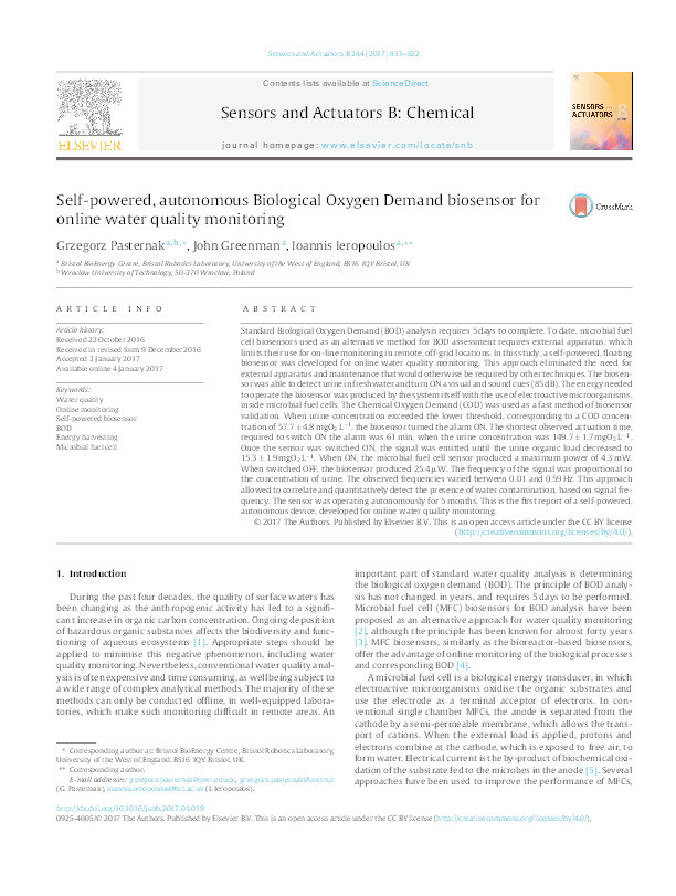 Self-powered, autonomous Biological Oxygen Demand biosensor for online water quality monitoring Thumbnail