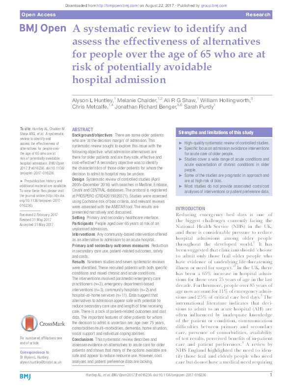 A systematic review to identify and assess the effectiveness of alternatives for people over the age of 65 who are at risk of potentially avoidable hospital admission Thumbnail