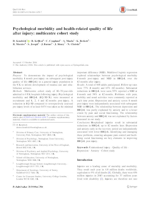Psychological morbidity and health-related quality of life after injury: multicentre cohort study Thumbnail