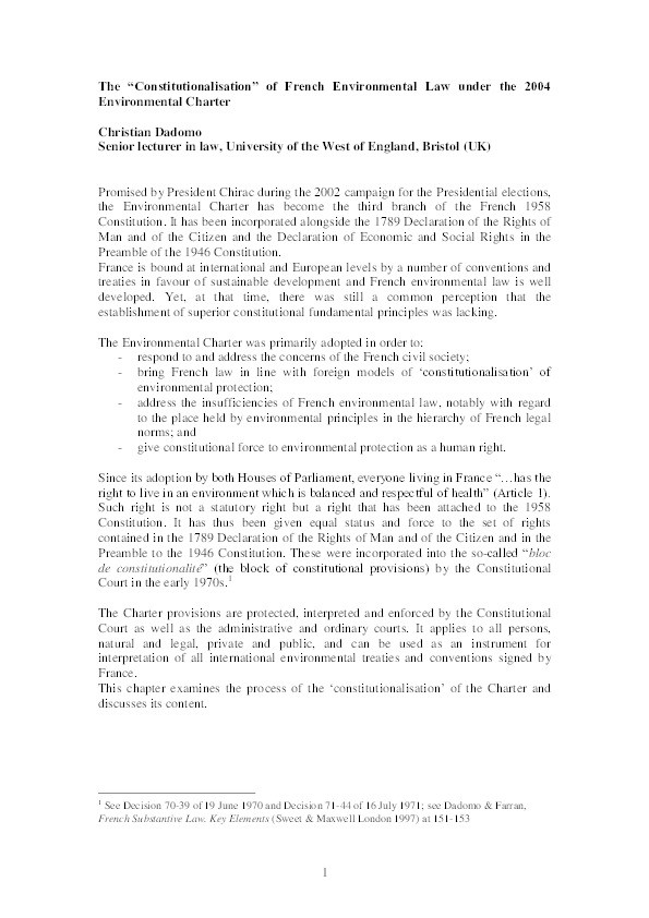 The "constitutionalisation" of French environmental law under the 2004 Environmental Charter Thumbnail