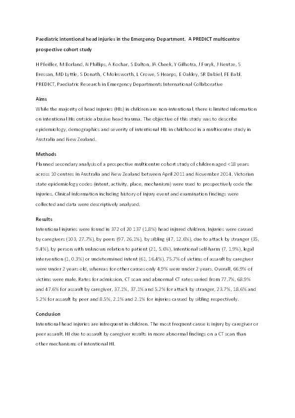 Paediatric intentional head injuriesin the emergency department. A PREDICT multicentre prospective cohort study Thumbnail