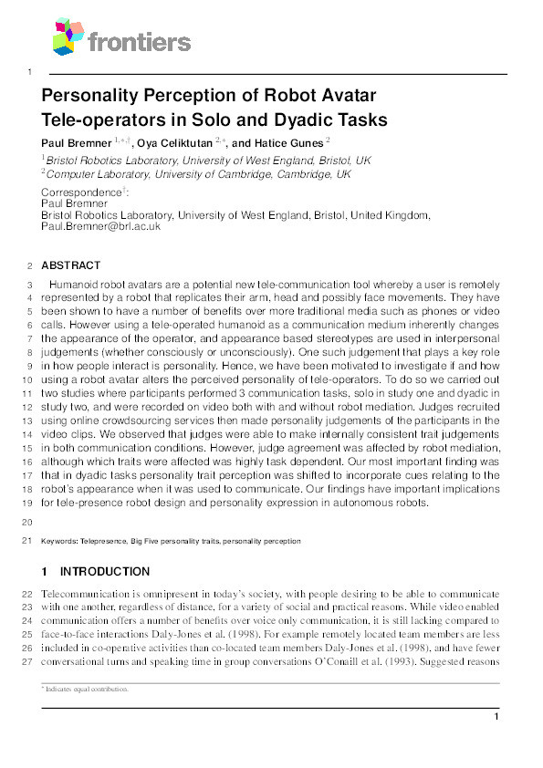 Personality perception of robot avatar teleoperators in solo and dyadic tasks Thumbnail