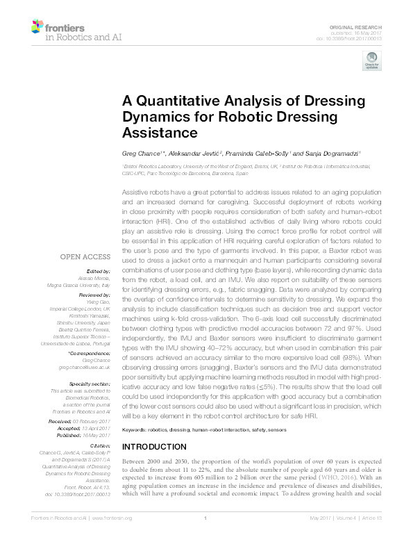 A quantitative analysis of dressing dynamics for robotic dressing assistance Thumbnail