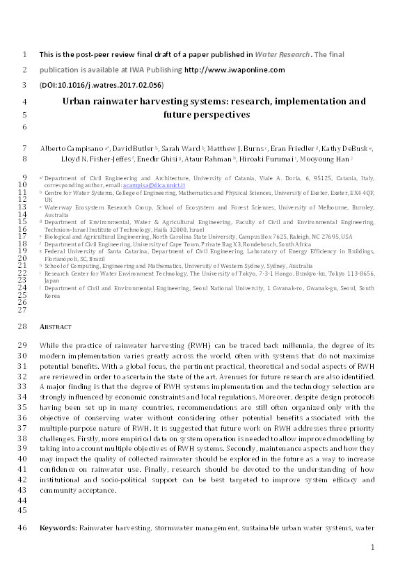 Urban rainwater harvesting systems: Research, implementation and future perspectives Thumbnail
