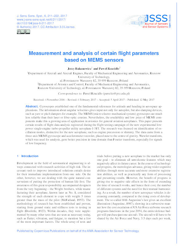 Measurement and analysis of certain flight parameters based on MEMS sensors Thumbnail