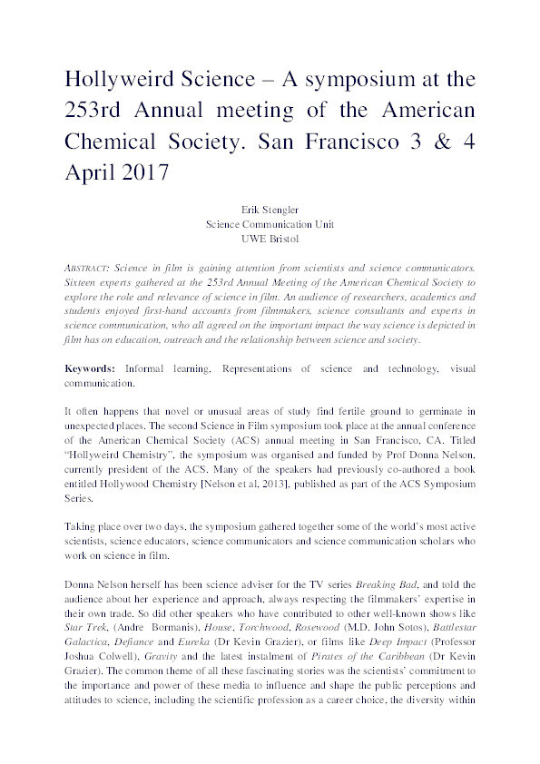Hollyweird science – A symposium at the 253rd annual meeting of the American Chemical Society. San Francisco 3 & 4 April 2017 Thumbnail