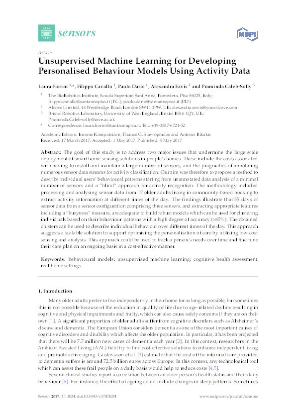 Unsupervised machine learning for developing personalised behaviour models using activity data Thumbnail