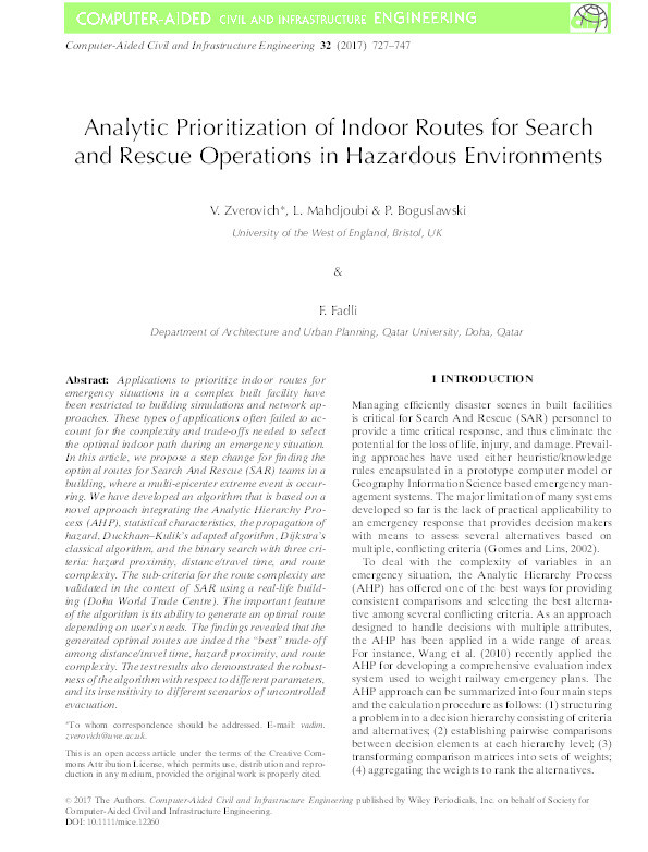 Analytic prioritization of indoor routes for search and rescue operations in hazardous environments Thumbnail