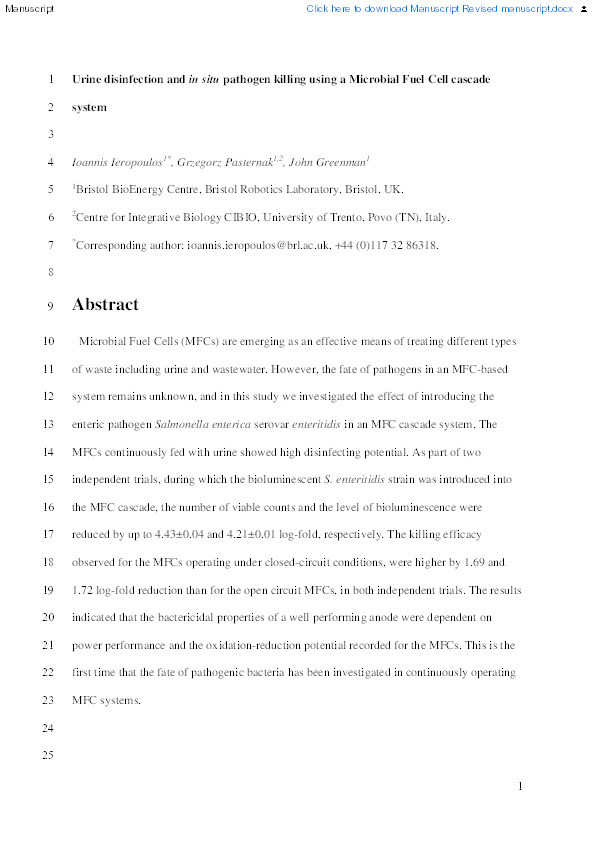 Urine disinfection and in situ pathogen killing using a Microbial Fuel Cell cascade system Thumbnail