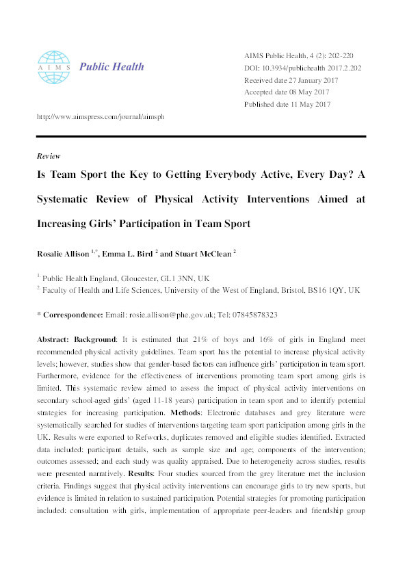 Is team sport the key to getting everybody active, every day? A systematic review of physical activity interventions aimed at increasing girls' participation in team sport Thumbnail