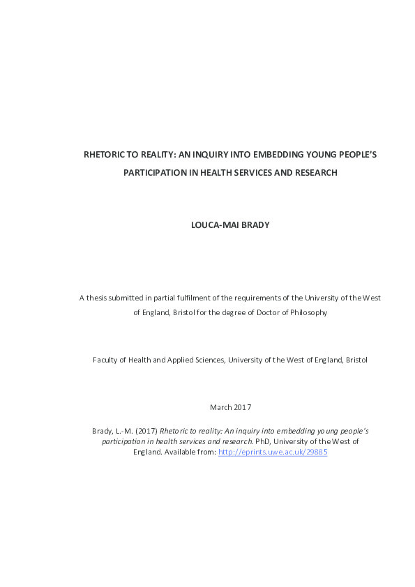 Rhetoric to reality: An inquiry into embedding young people's participation in health services and research Thumbnail