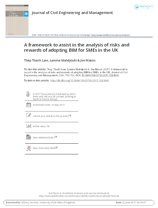 A framework to assist in the analysis of risks and rewards of adopting BIM for SMEs in the UK Thumbnail