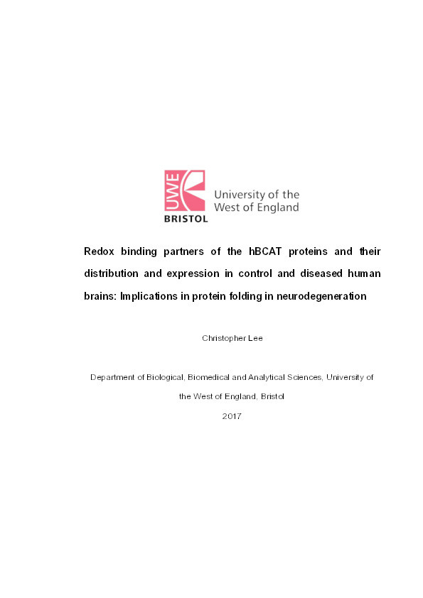 Redox binding partners of the hBCAT proteins and their distribution and expression in control and disease human brains: Implications in protein folding in neurodegeneration Thumbnail