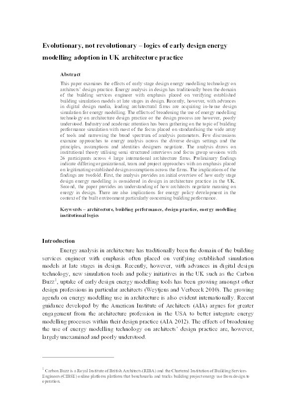 Evolutionary, not revolutionary–logics of early design energy modelling adoption in UK architecture practice Thumbnail